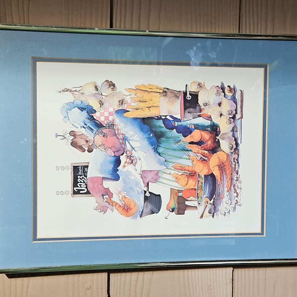 Vintage 1982 Leo Meiersdorff Jazz Brunch Framed Blue Gold Culinary Art Print - Picture 14 of 16